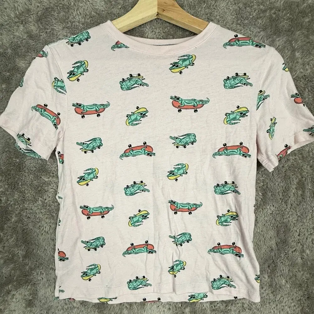 Old Navy T Shirt Boys M Medium 8 Graphic Tee Pink Alligator Skateboard Crocodile